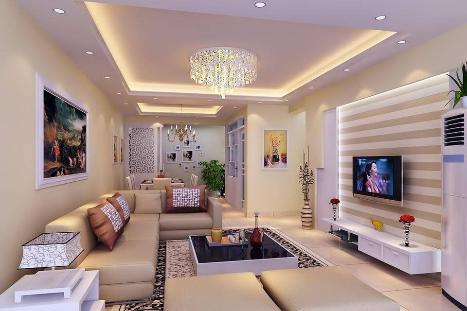 Sala de estar com forro de gesso rebaixado e iluminação embutida em Curitiba e região